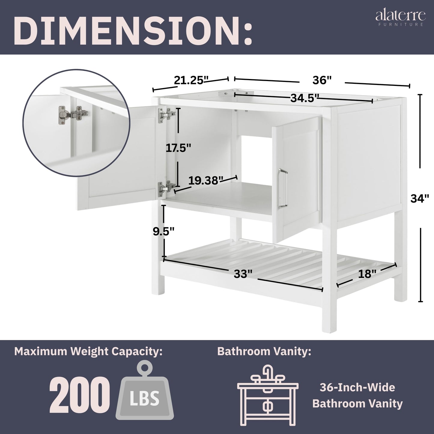 Alaterre Furniture Bennet Bathroom Vanity Without Sink – 36" Freestanding Wood Vanity Cabinet with Soft-Close Shaker Doors, Single Sink Base (White)