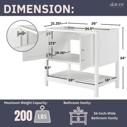 Alaterre Furniture Bennet Bathroom Vanity Without Sink – 36" Freestanding Wood Vanity Cabinet with Soft-Close Shaker Doors, Single Sink Base (White)
