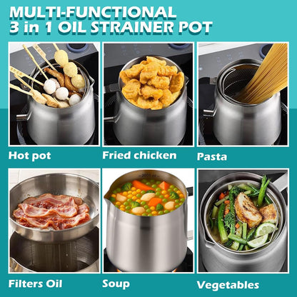 68oz 3-in-1 304 Stainless Steel Oil Filter Pot with Fine Mesh Oil Strainer & Tong, Heat-Resistant Handle, 2LCapacity Bacon Grease Container for Kitchen & Camping,Multi-Functional Frying Oil Container.