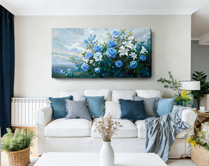 NiceTop 48x24 Inch Large Floral Canvas Wall Art, Waterproof Moisture Resistant Blue Rose White Lily Modern Botanical Artwork with Hanging Kit, Abstract Aesthetic Wrapped Canvas Print for Living Room, Bedroom, Bathroom, Boho Farmhouse Home Decor