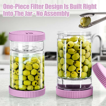 LIVSGNISTA Upgraded 40oz Glass Pickle Jar with Time Tracker–Pickle Container with Strainer Flip Leak-Proof,Auto Venting,Easy Clean Design Hourglass Pickle Juice Separator(Purple)