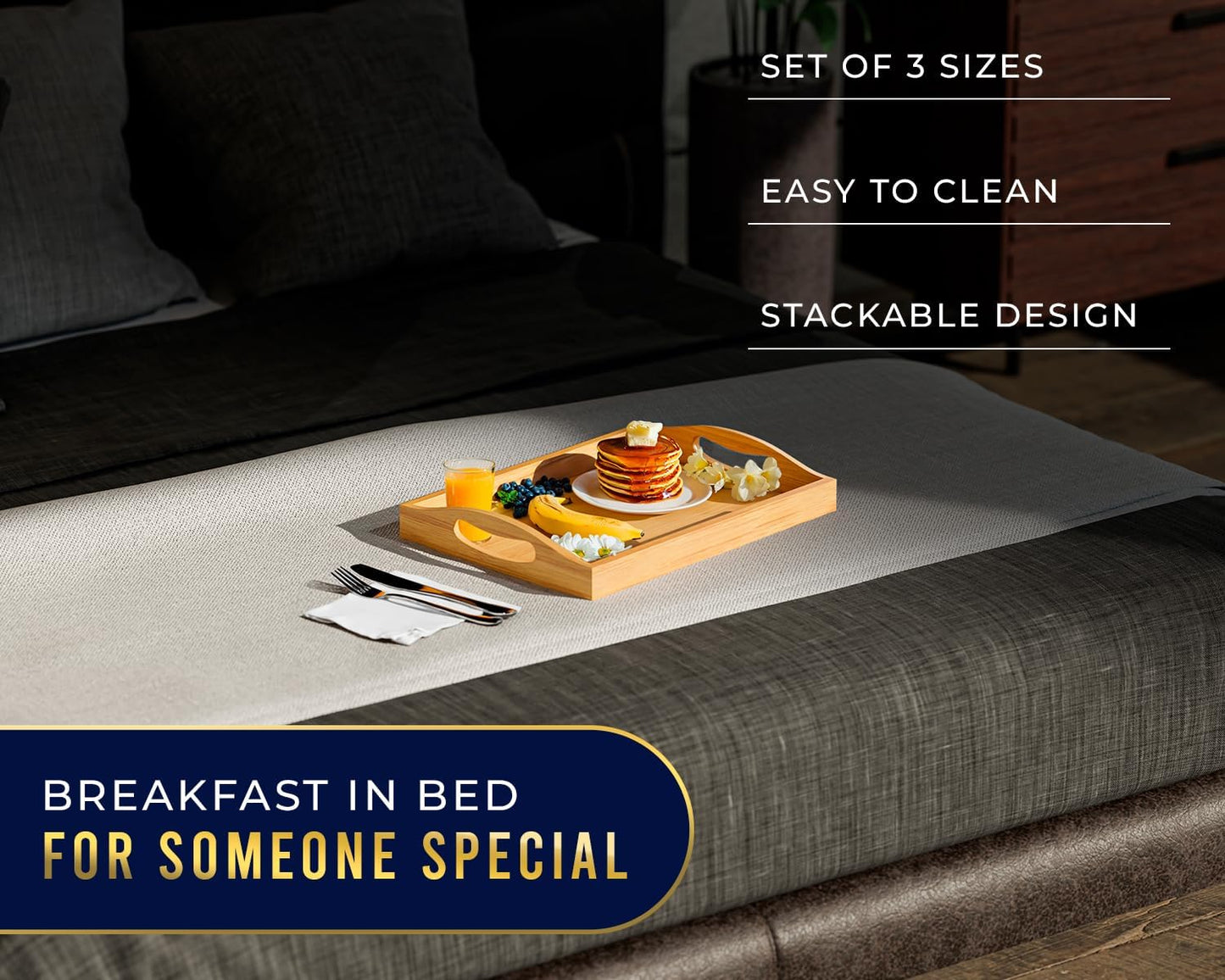 Set 3 Comfify Bamboo Serving Trays of Ottoman Trays for Food, Entertaining, and Decor Minimalist Design