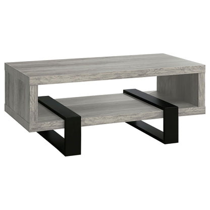Coaster Home Furnishings - Dinard - Wood - Coffee Table with Metal Bases, Open Shelf, and Rectangular Surface - Living Room - 47-Inch - Grey Driftwood - 720878