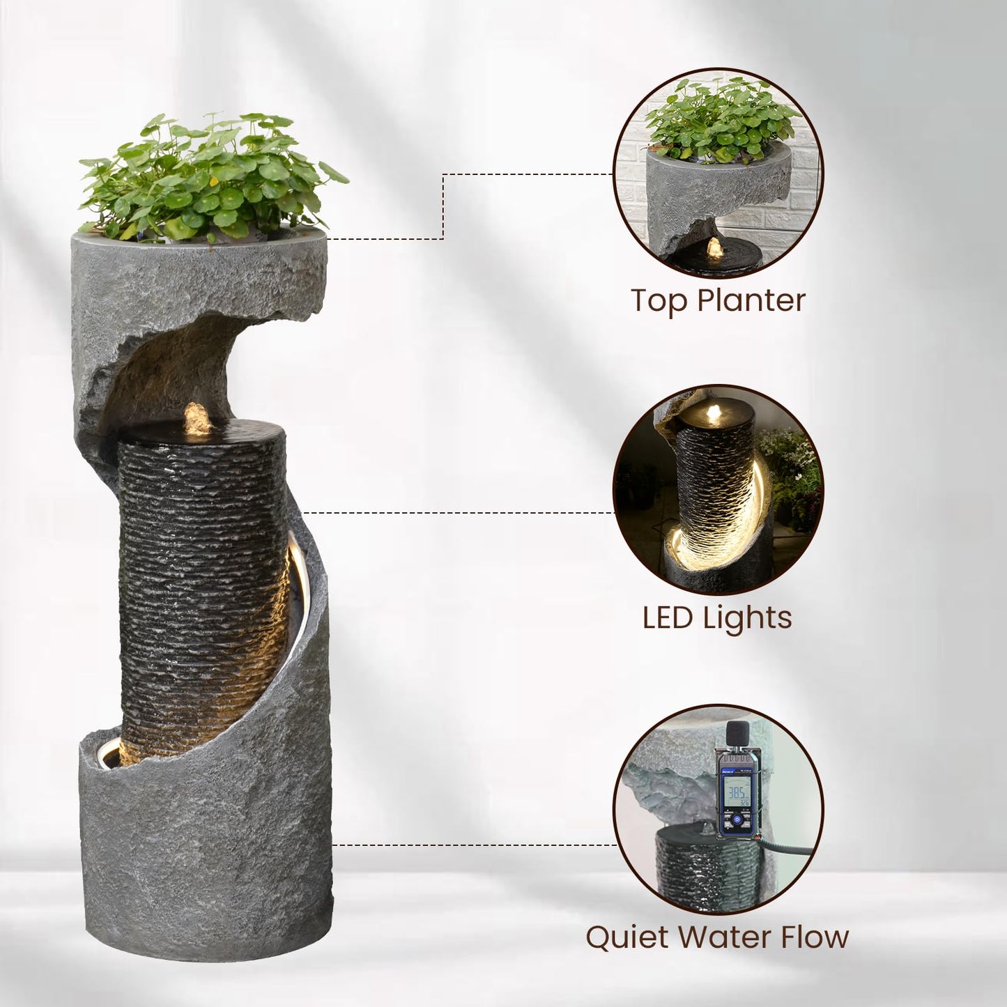 Tankana 35.5" H Water Fountain with Planter, Modern Spiral Waterfall for Outdoor and Indoor, Bubbling Garden Fountain with LED Light for Patio, Deck, and Living Room Corner