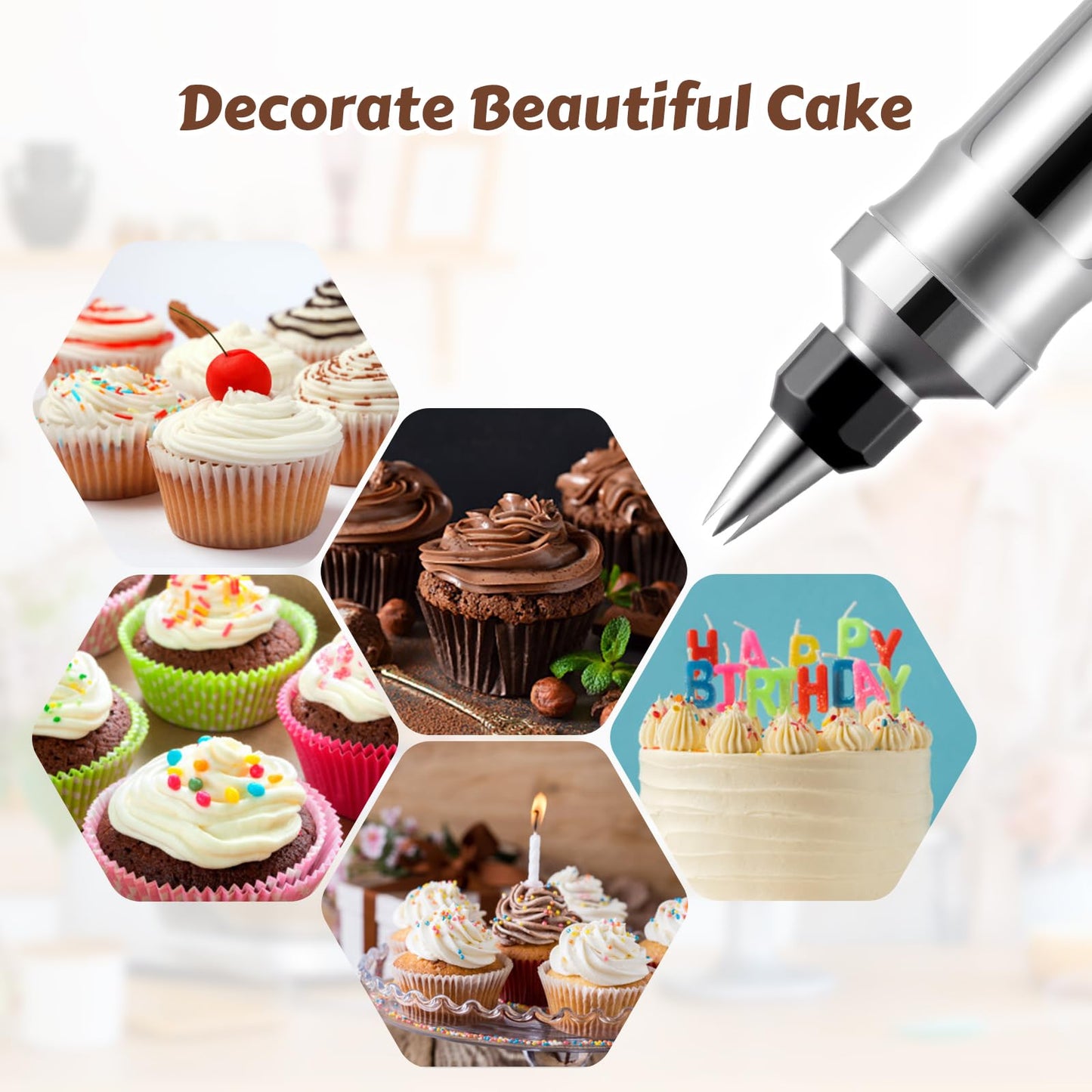 MIKESIER Dessert Decorating Syringe Set, Stainless Steel Frosting & Icing Piping Kit with 6 Tips and 9 Silicone Cupcakes,3 Cream Scraper for Cake Decorating Tools Cupcake Decorating Kit