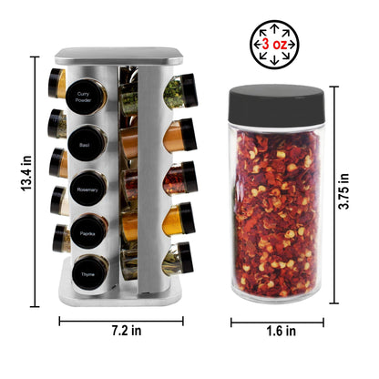 Orii 20 Jar Rotating Spice Rack with Spices Included & 5-Year Free Spice Refill Program – Stainless Steel Countertop Spice Rack with 3 oz Glass Jars