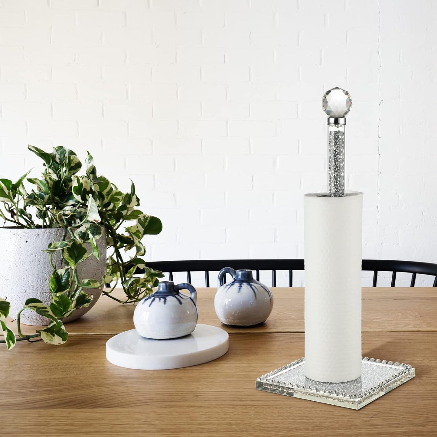 13 Inch Silver Crystal Standing Paper Towel Roll Holder, Square Base Standing Paper Towel Stand with Sparkly Crystal