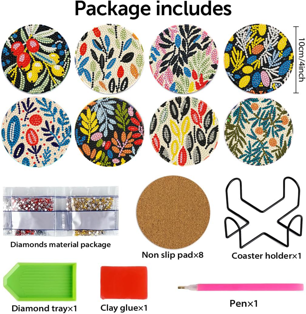 DOTZSO 8 Pcs Diamond Art Coasters Kit with Holder, Diamond Art Kits for Adults Beginners Small Diamond Painting Coasters, Arts and Crafts for Adults Supplies Item Sets (Flower)