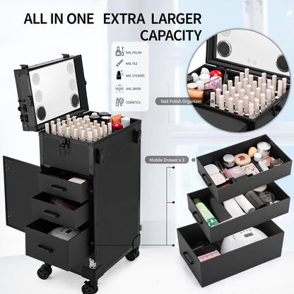 SJD LACE Rolling Manicure Table with 3 Drawers, Portable Nail Desk for Nail Tech, Foldable Nail Table Lockable Makeup Case with Mirror, Nail Polish Organizer, Mobile Nail Tech Workstation with Wheels