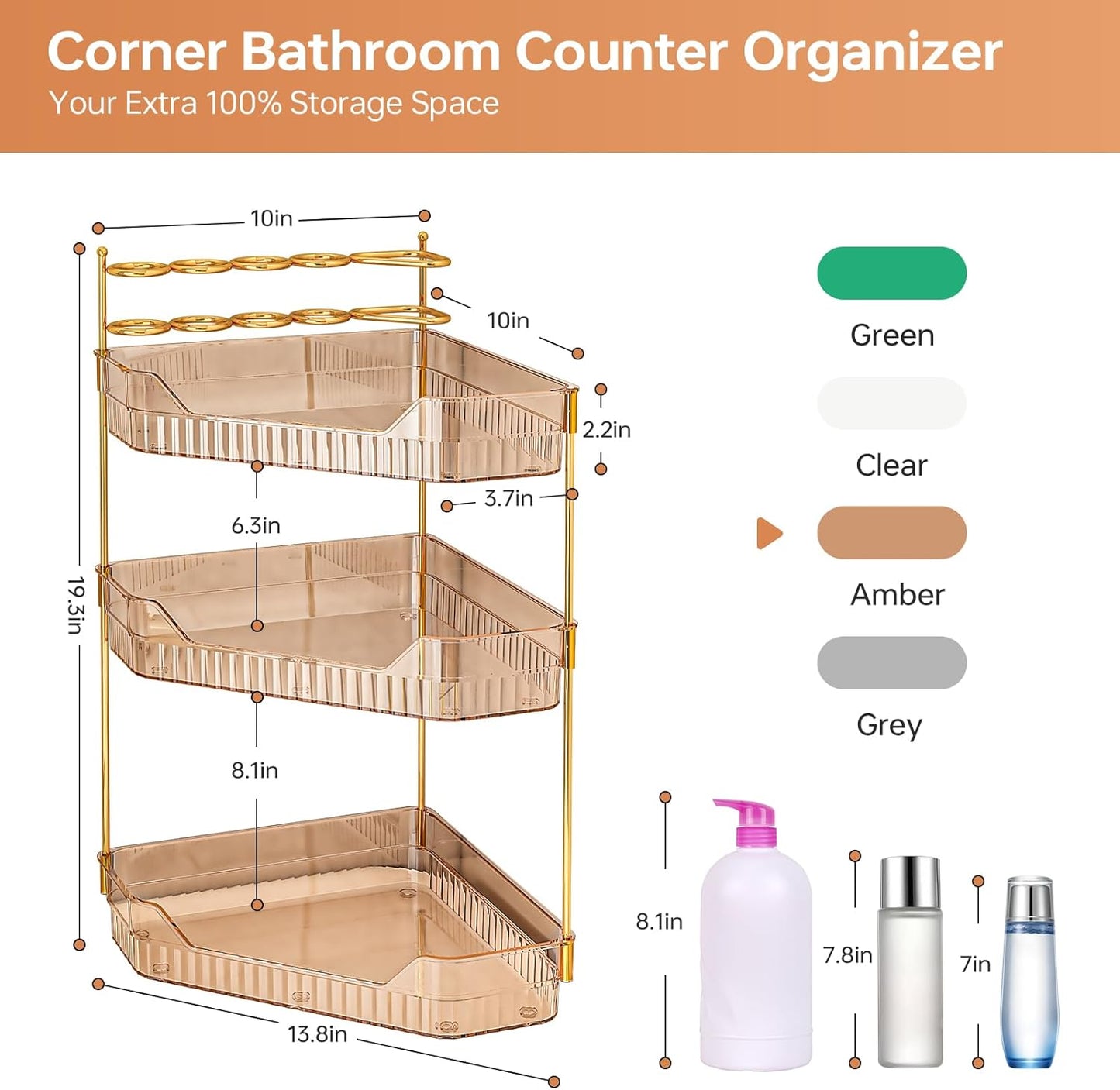 Counter Countertop, 3-Tier) Corner Bathroom Organizer with Makeup Brush Holder & Toothbrush Holders, Makeup Organizer