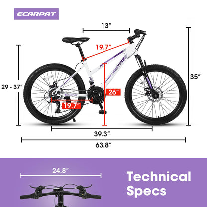 Ecarpat Women's Mountain Bike 24 Inch Wheels, 21-Speed Trail Commuter City Mountain Bikes, 15"/17" Carbon Steel Frame Female Bicycles Disc Brakes Front Fork, White