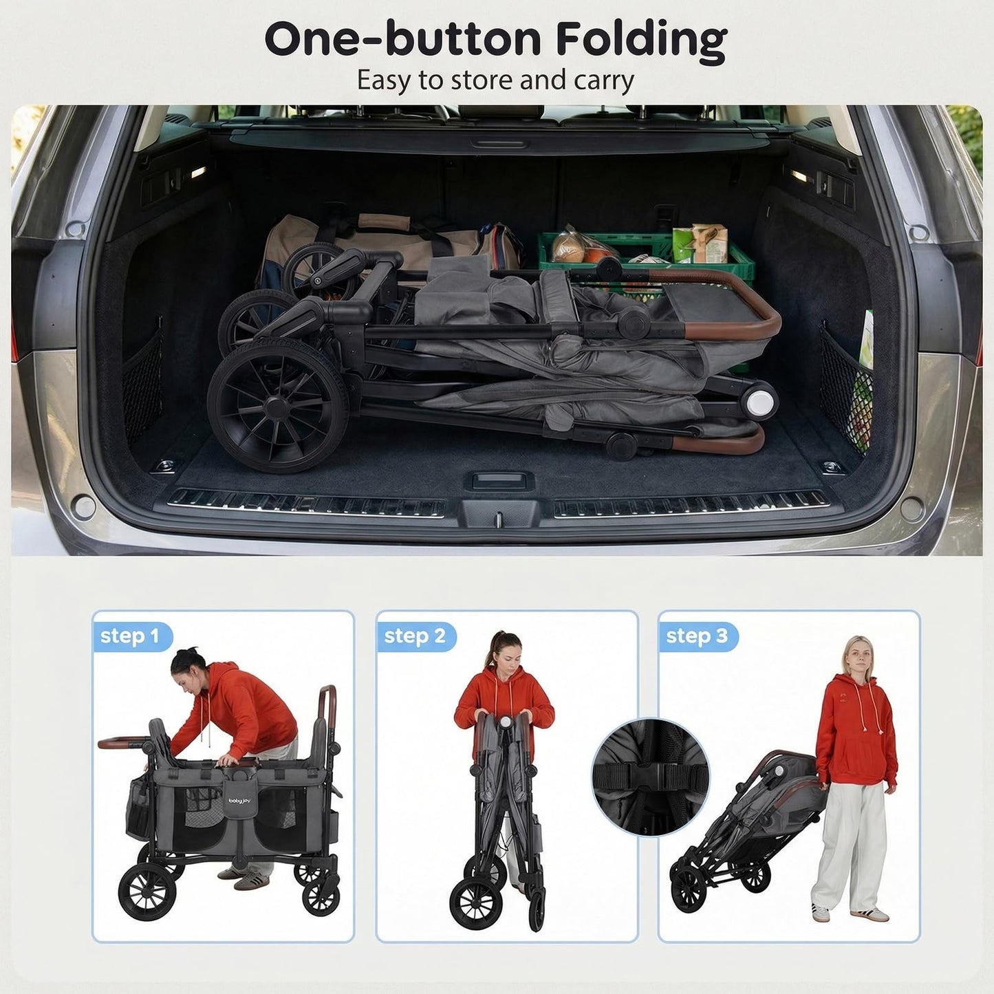 BABY JOY Wagon Stroller for 4 Kids, Foldable Stroller Wagon with Removable Canopy, Adjustable Handle, Snack Tray, Parent Organizer, 5-Point Safety Harness, Convertible Diaper Bag/Changing Pad (Gray)