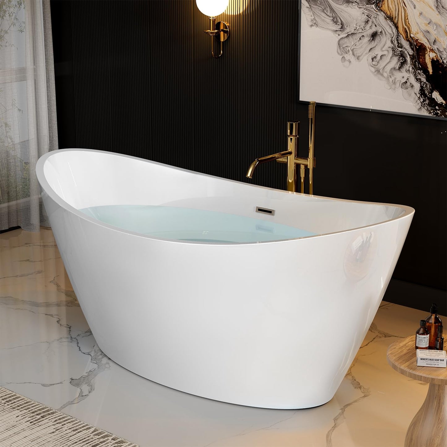 Empava 67" Luxury Freestanding Soaking Bathtub - Modern Oval Spa Tub for Deep Relaxation & Master Bathroom Sanctuary, High-Gloss Acrylic with Brushed Nickel Overflow and Drain, cUPC Certified
