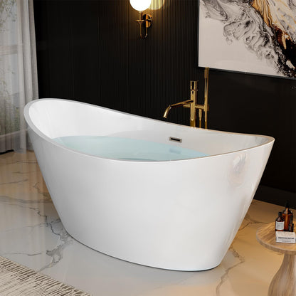 Empava 67" Luxury Freestanding Soaking Bathtub - Modern Oval Spa Tub for Deep Relaxation & Master Bathroom Sanctuary, High-Gloss Acrylic with Brushed Nickel Overflow and Drain, cUPC Certified
