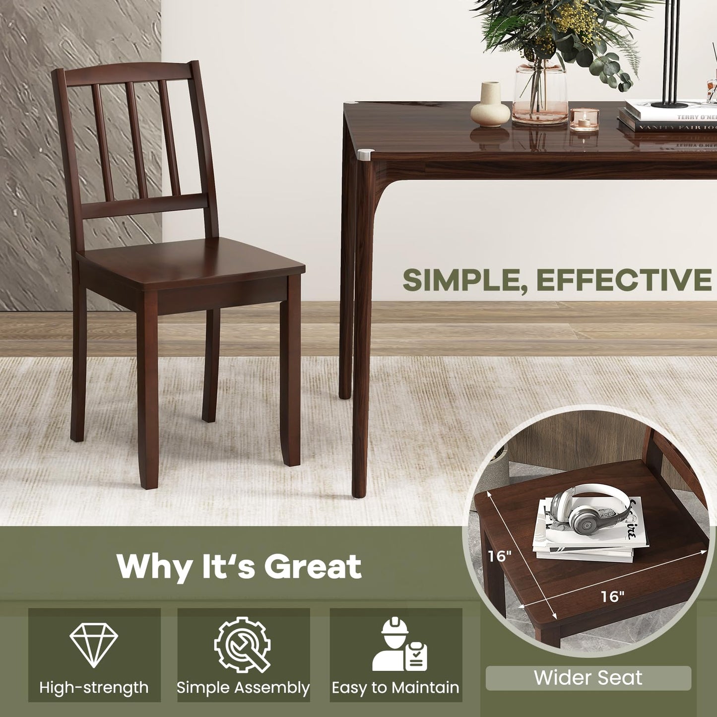 NAFORT Wooden Dining Chairs Set of 6, Slat High Back Solid Rubber Wood Chair, Vintage Dining Room Chairs with Max Load of 400 Lbs for Kitchen Table, Dining Room, Cafe, Restaurant