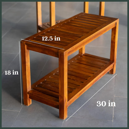 The Teaky Hut Teak Shower Bench 30 Inch – Fully Assembled Wooden Bench with Shelf, Water-Resistant, Non-Slip Adjustable Feet – Indoor Spa, Garden, or Bathroom Use