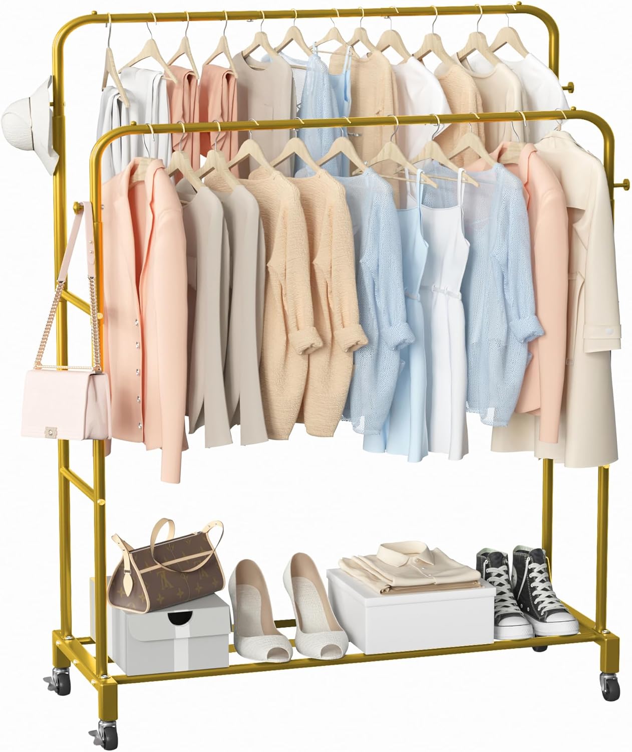 Wheels,3 4 Sooyee Double Rod Clothing Rack with Tier Garment Racks for Hanging Clothes,Portable Clothes Rack with Hooks