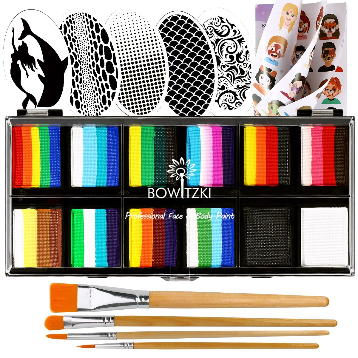 Bowitzki Face Paint Kit Professional Split Cake Face Painting Set 12x10 gm with Stencil One Stroke Non Toxic Safe Rainbow Flora Dolphin Unicorn Flame Body Paint Halloween Christmas Makeup