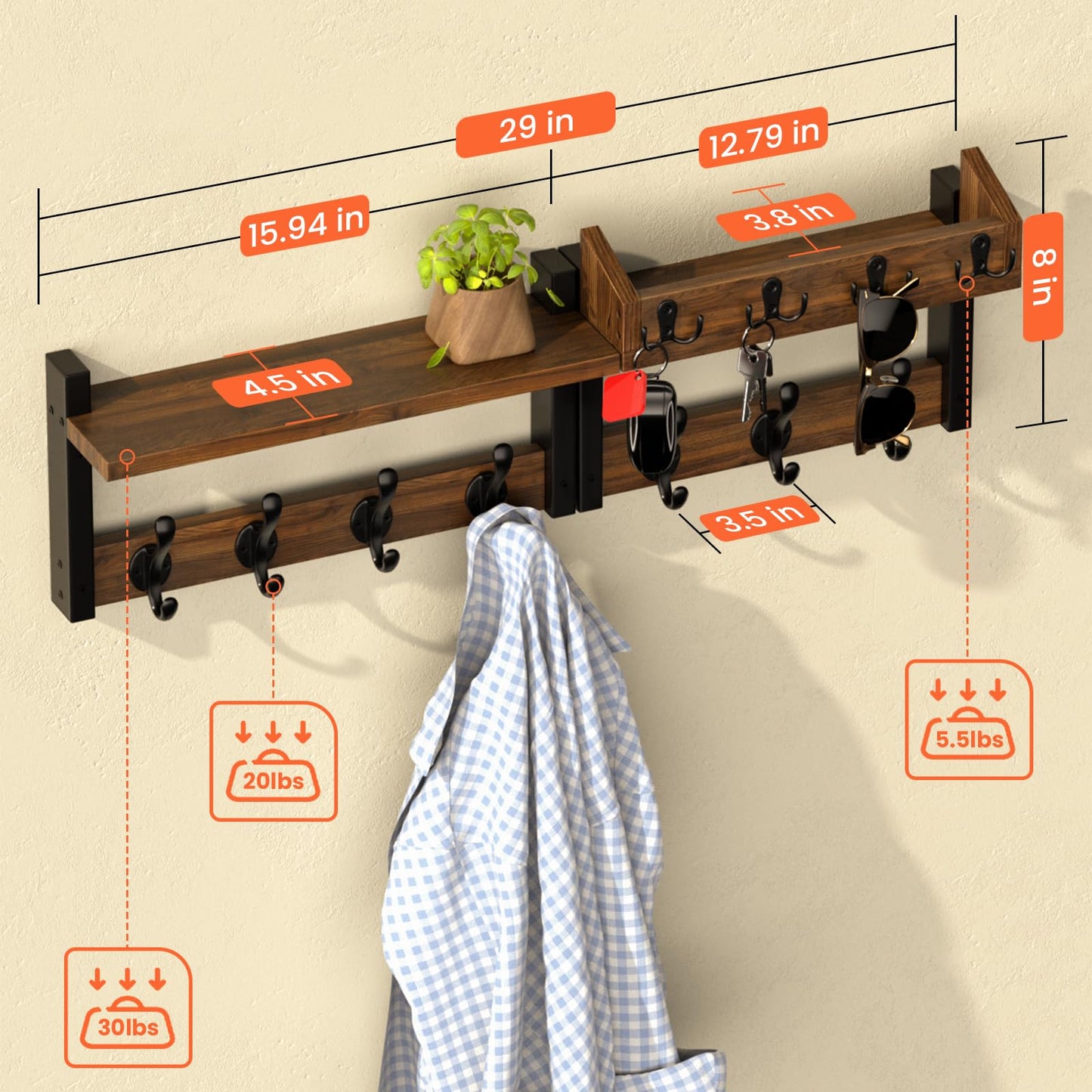 29'' Rustic Coat Rack Wall Mount with Shelf, Solid Wood Coat and Key Hanger with 11 Metal Hooks, Farmhouse Wall Organizer for Mail, Entryway Wall Hangers for Hats, Clothes, Backpacks, Mudroom