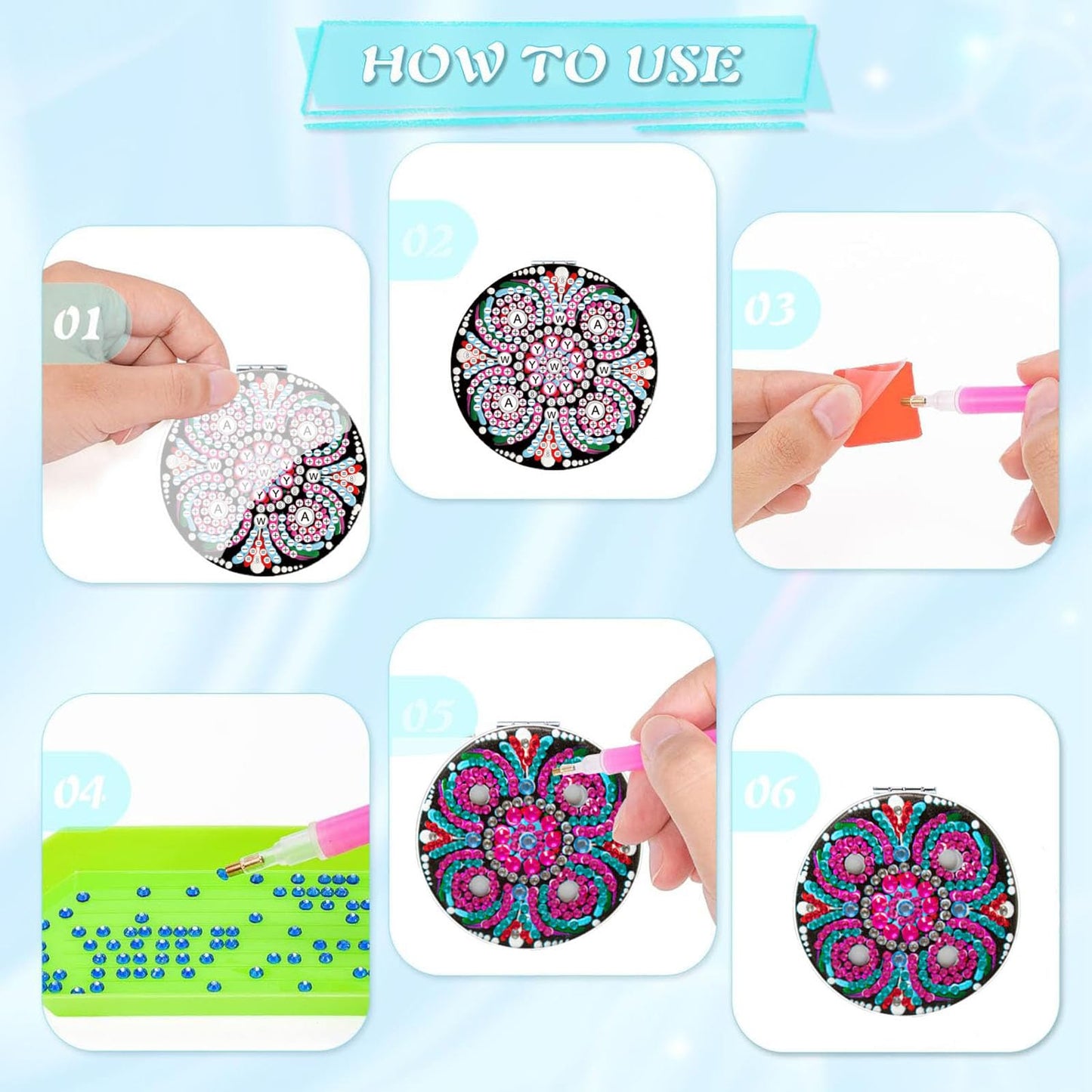 DDGYP 2 Pcs DIY Diamond Art Kits Compact Mirror, Diamond Painting Portable Pocket Mini Mirrors, Handmade Crafts for Women Daily Use & Gift Giving
