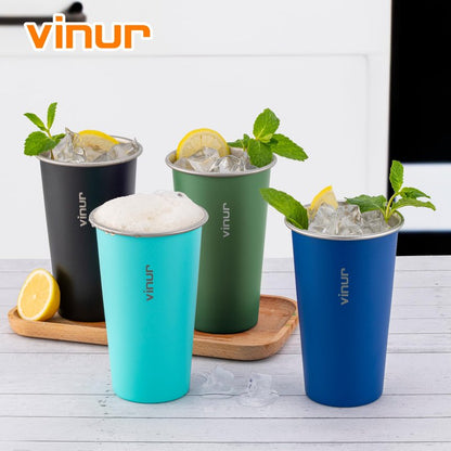 VINUR 4 Pack Stainless Steel Cups 20 oz Pint Tumbler Stackable Metal Drinking Glasses for Travel, Camping, Outdoors (Green-Black-Teal-Navy)