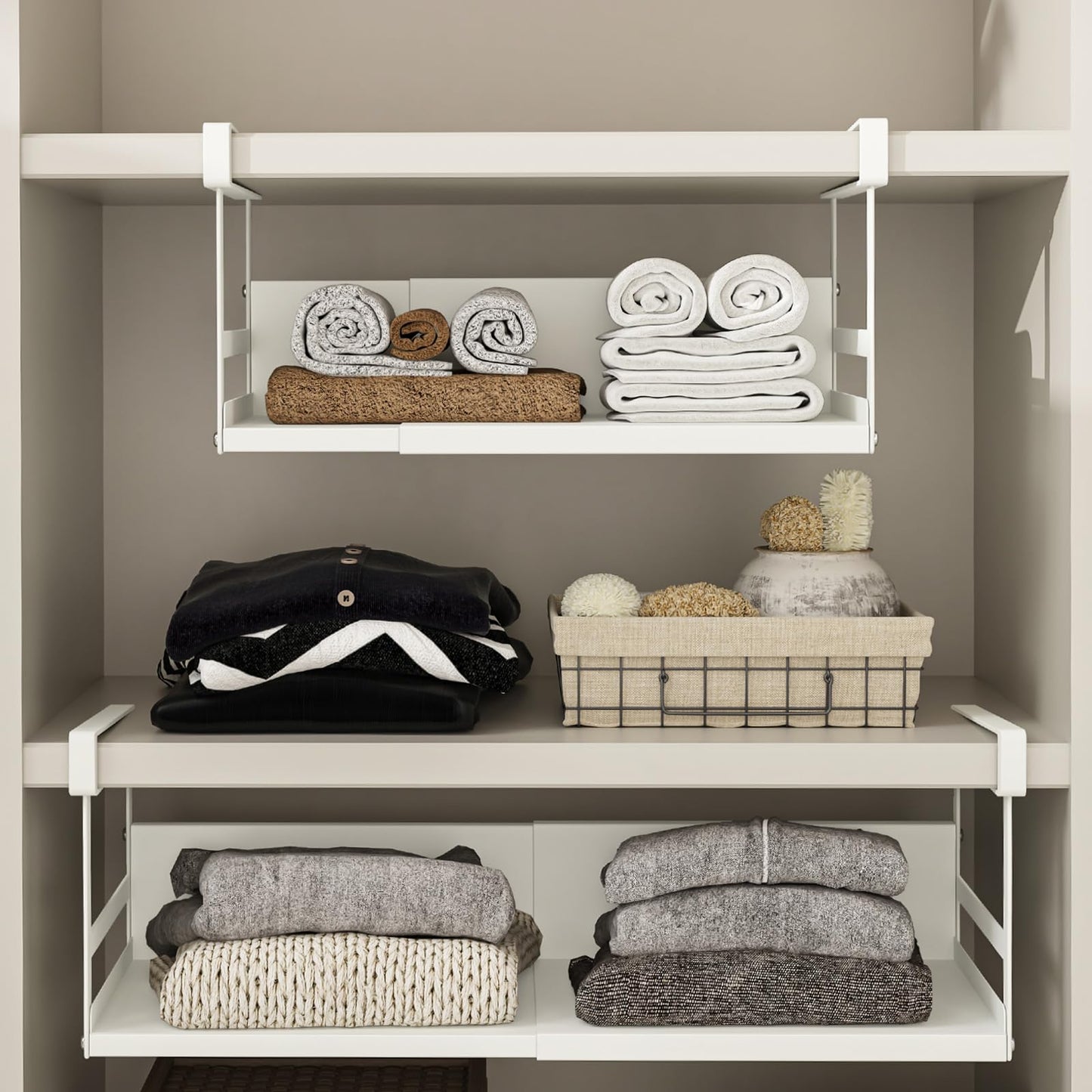 SHINEWON Expandable Under Cabinet Shelf Organizer with 0.94-Inch Thick Clips, Heavy Duty Extendable Under Shelf Storage Basket for Pantry or Laundry Room, White, 1 Pack, Interior: 4.13" H x 7.2" D