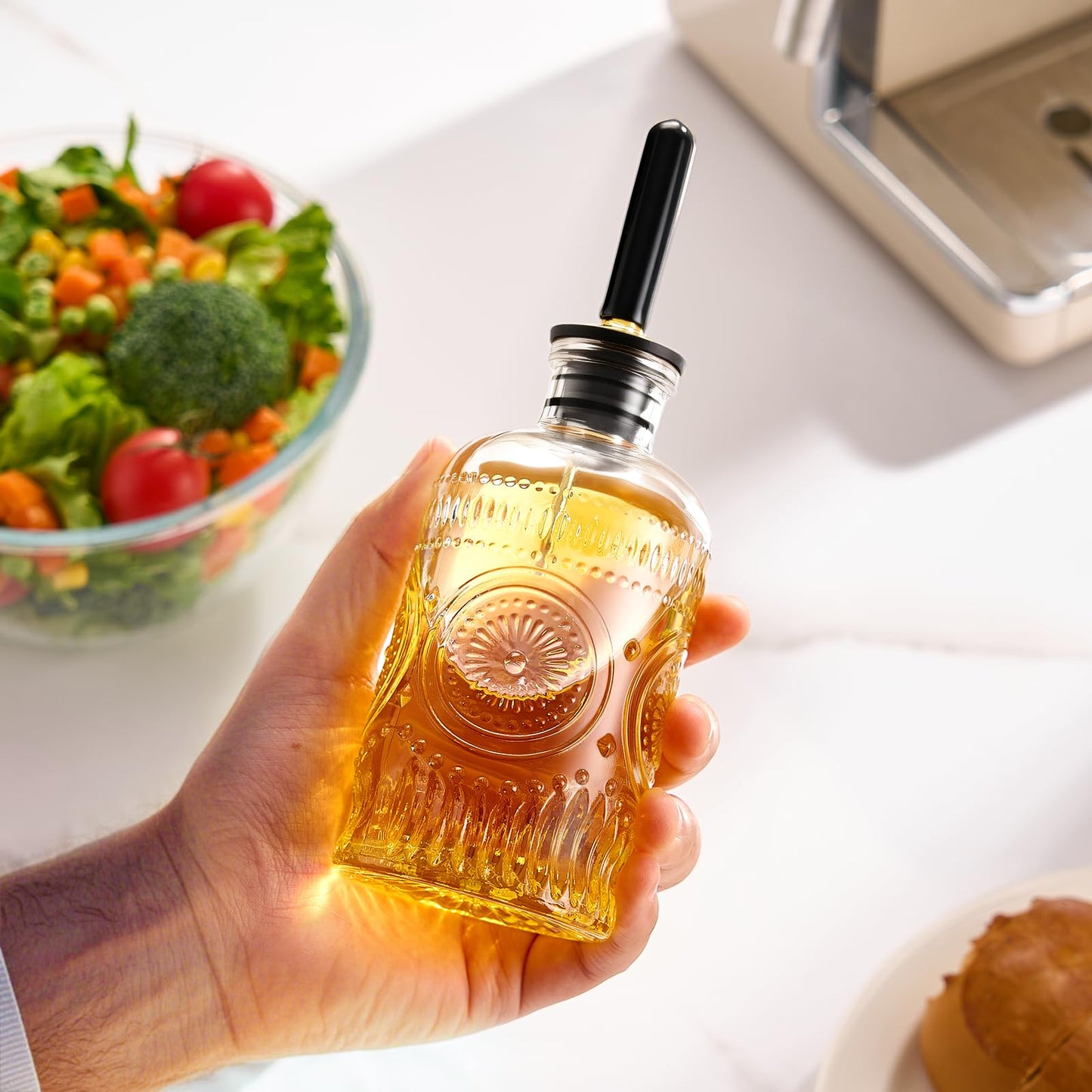 Baalaka Glass Oil Bottles 7OZ, Olive Oil Dispenser Bottle for Kitchen with Metal Spout, Elegant Glass Cooking Dispenser for Kitchen