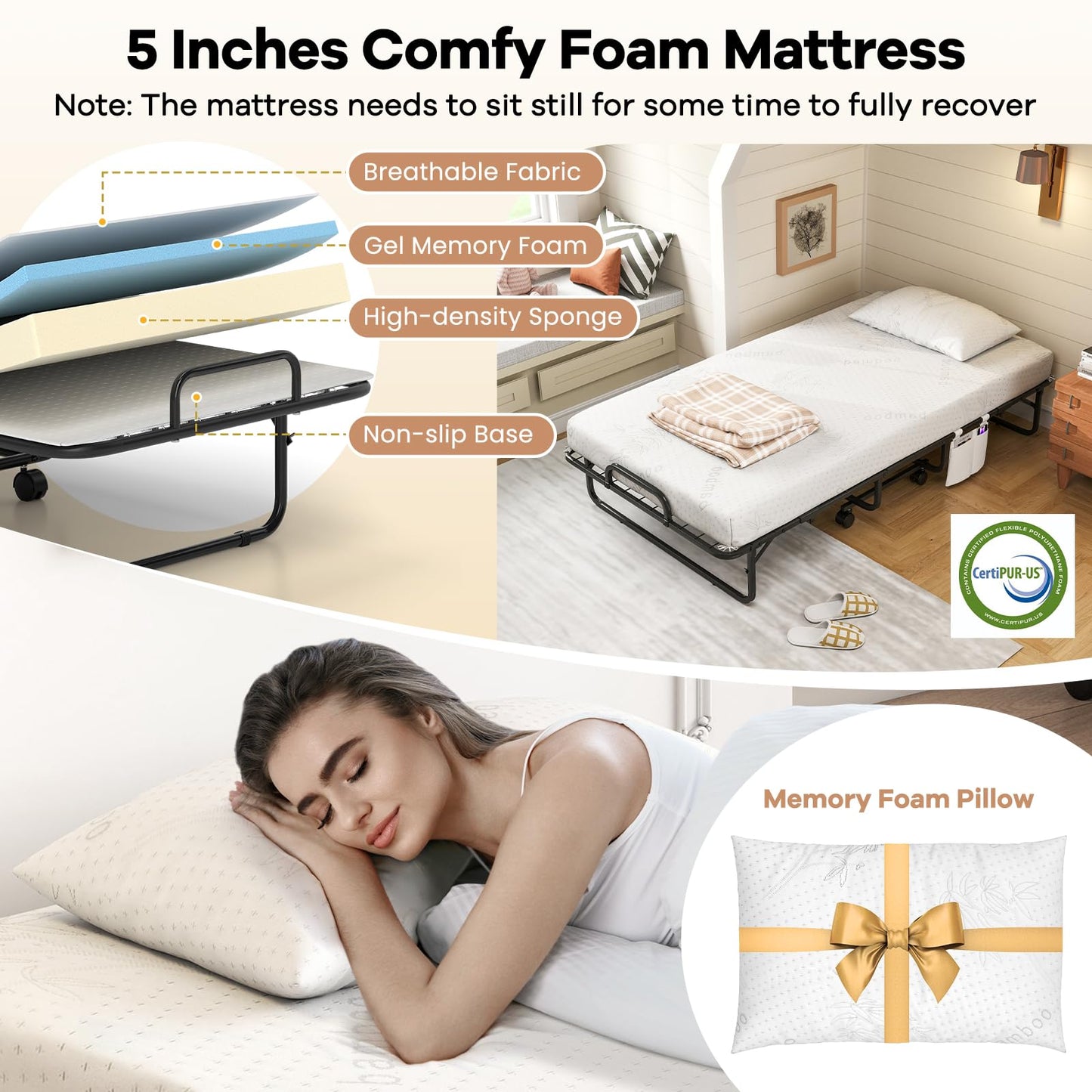Giantex Twin Folding Bed with 5 Inch Mattress, Rollaway Guest Bed with Top Pillow, Storage Pocket & Metal Frame, Space-Saving Fold up Beds, Portable Roll Away Beds for Adults, 75" x 39"