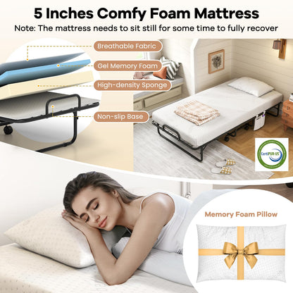 Giantex Twin Folding Bed with 5 Inch Mattress, Rollaway Guest Bed with Top Pillow, Storage Pocket & Metal Frame, Space-Saving Fold up Beds, Portable Roll Away Beds for Adults, 75" x 39"