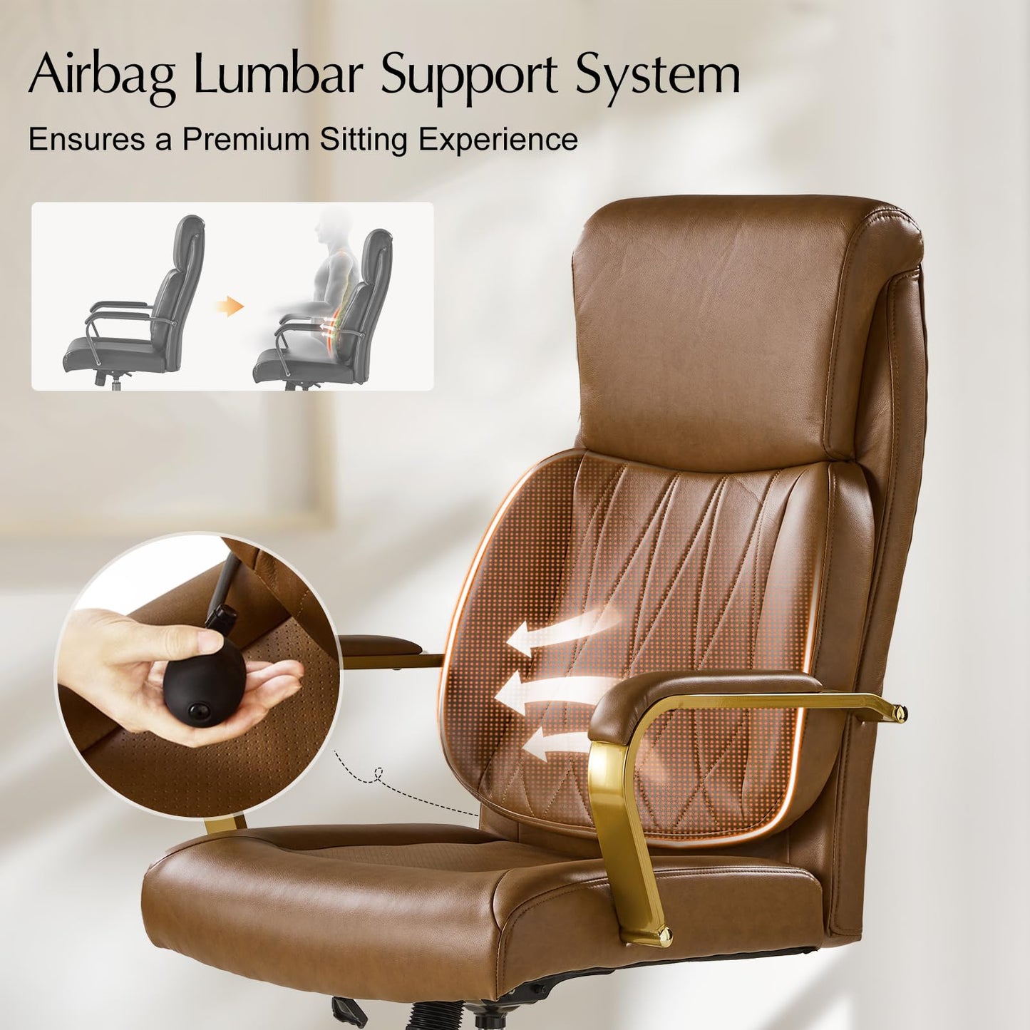 HULALA HOME Executive Office Chair, Adjustable Airbag Lumbar Support, Modern Leather Ergonomic Office Chair with Padded Armrests, Tilting & Swivel, Camel and Gold