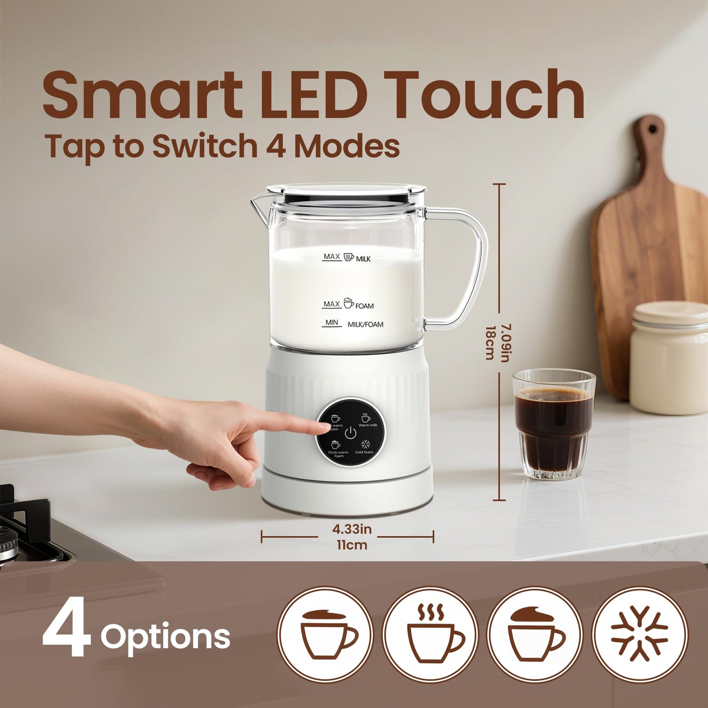 Casimhu 4-in-1 Milk Frother, Electric Milk Frother and Steamer with LED Touch Screen, Ceramic Lining Bottom, Milk Warmer 13.52oz for Lattes, Cappuccinos, and Macchiatos at Home, White