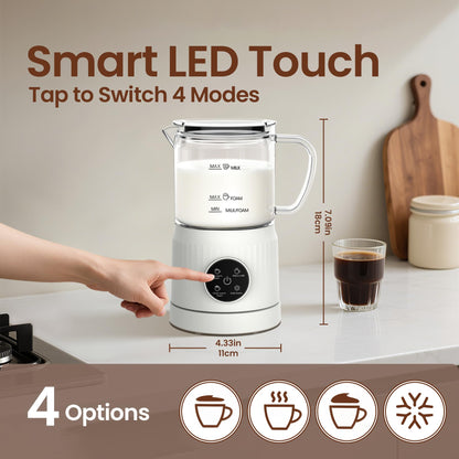 Casimhu 4-in-1 Milk Frother, Electric Milk Frother and Steamer with LED Touch Screen, Ceramic Lining Bottom, Milk Warmer 13.52oz for Lattes, Cappuccinos, and Macchiatos at Home, White