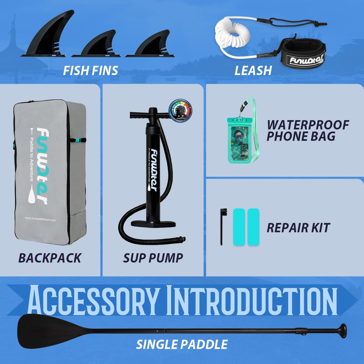 FunWater SUP Inflatable Stand Up Paddle Board Ultra-Light Inflatable Paddleboard with SUP Accessories,Fins,Adjustable Paddle, Pump,Backpack, Leash, Waterproof Phone Bag(Blue)