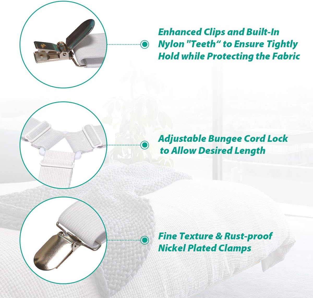 Bed Sheet Holder Straps - Fitted Sheet Keepers Fasteners, Elastic Adjustable Holders for a Wrinkle-Free Bed Sheet