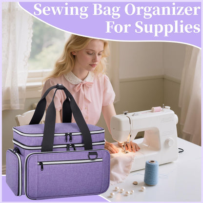 Anitor Large Sewing Supplies Organizer, Double Layer Sewing Storage Organizer with Two Detachable Dividers, Travel Sewing Bag Organizer with Shoulder Strap for Accessories, Purple, (Bag Only)