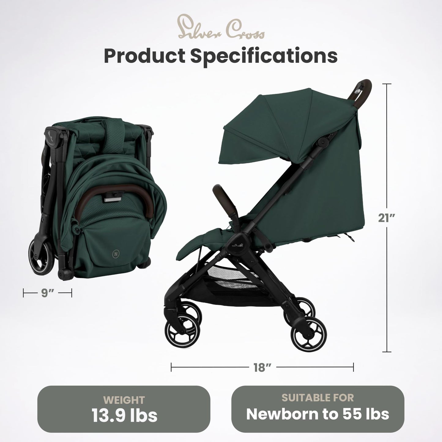 Silver Cross Clic Compact Travel Stroller – (Conifer) – Lightweight Baby Stroller for Airplane Travel – One-Hand Fold, Lie-Flat Infant & Toddler Seat – Birth to 55 lb