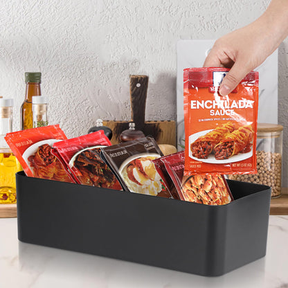 BSTKEY Seasoning Packet Organizer, Food Storage Organizer with Divided 4 Bamboo Wood Compartments, Black Plastic Storage Caddy for Pantry Cabinet, Kitchen Organization Bin for Snacks Spice Packets