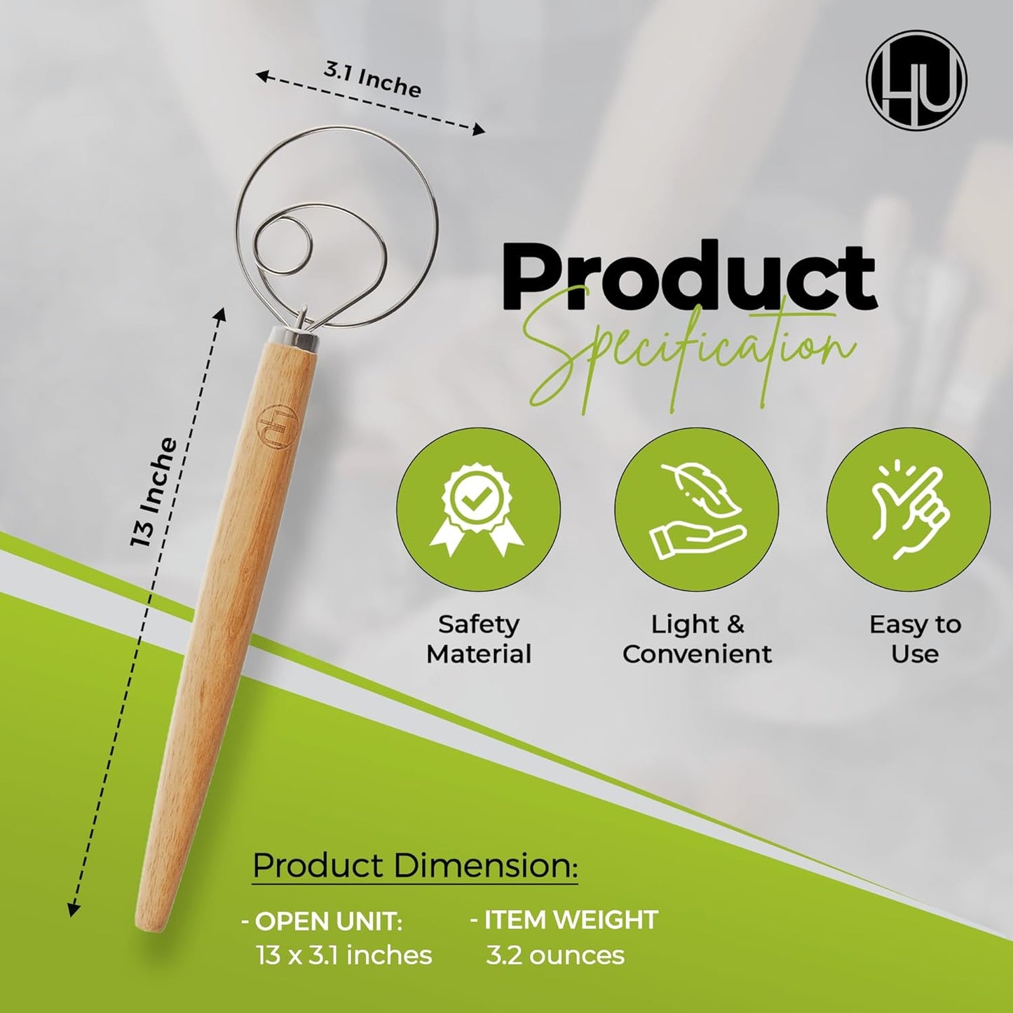 LHU Premium Original Danish Dutch Whisk - 13.5" L, Stainless Steel/Beechwood, Includes Cleaning Brush for Better Batter