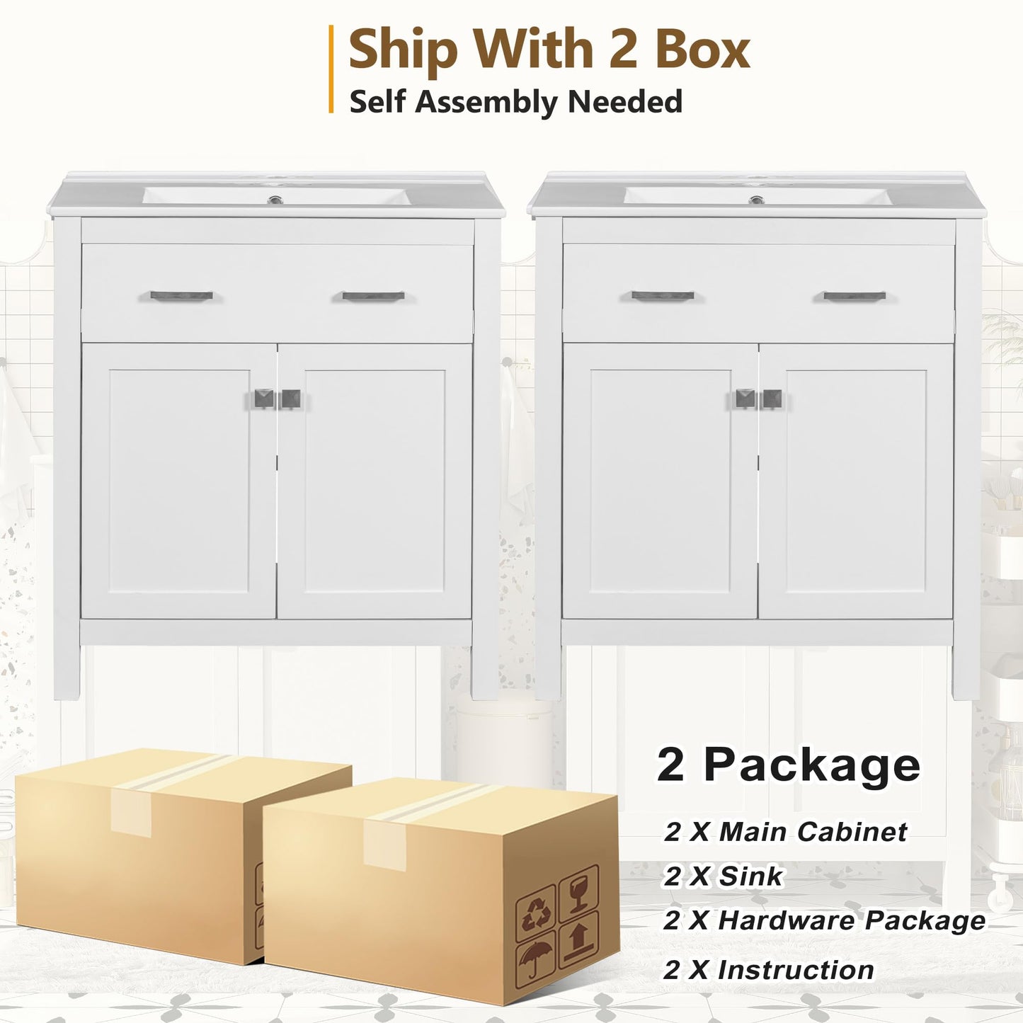 Favfurish 60" Double Bathroom Vanity,Free Standing Double Basin Vanity Set w/ 2 Ceramic Sinks,Adjustable Shelf & Soft Close Doors,Solid Wood Frame Storage Cabinet w/Flip Drawer,for Bathroom,White