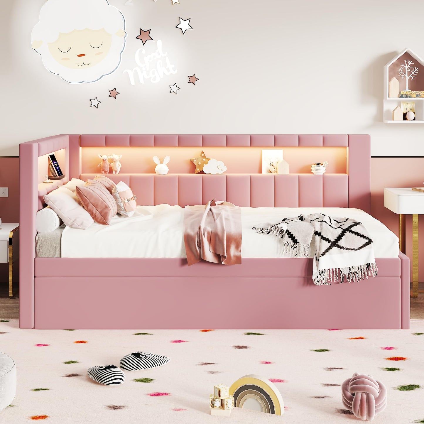 Bellemave Twin Size Upholstered Daybed with Trundle and USB/LED Belt, Corner Bed with Trundle. L-Shape daybed for Bedroom Living Room, Pink（Linen）