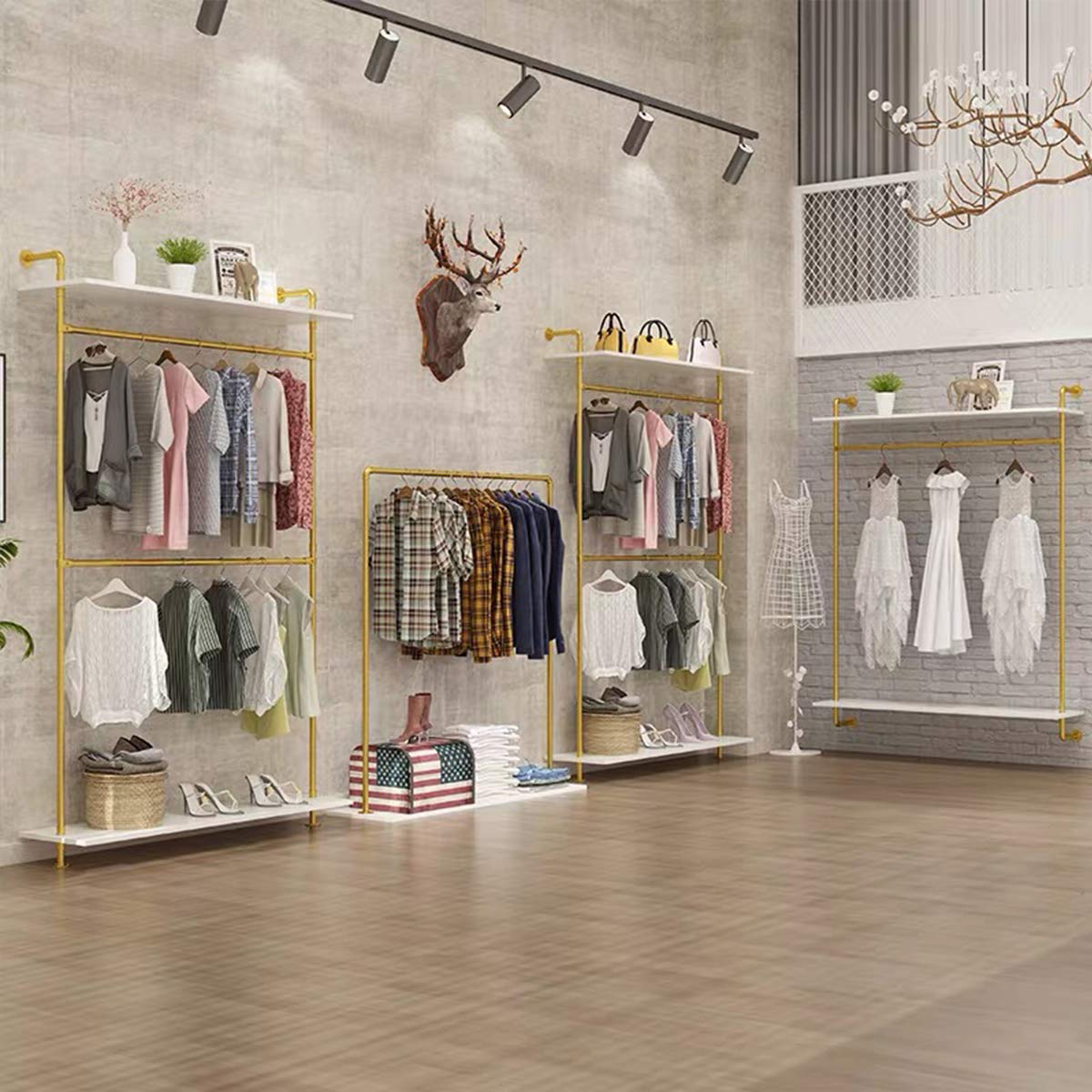 MDEPYCO Modern Simple 2 Tier Metal and Wood Garment Rack,Industrial Pipe Double Hanging Rods Clothing Rack,Retail Display Wall Mounted Storage Clothes Hanging Shelf (One Shelves,Gold, 55.2" L)