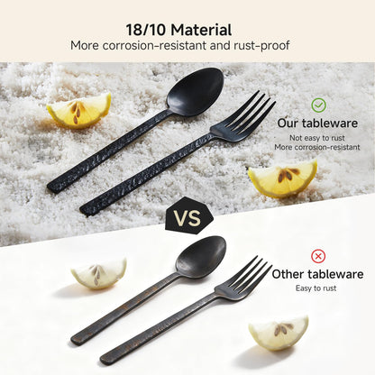 KINGSTONE 40 Pcs Black Hammered Silverware Set for 8, 18/10 Stainless Steel Heavy Duty Flatware Set, Tableware Cutlery Utensil Sets for Home Restaurant Dishwasher Safe