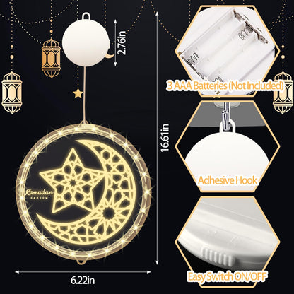 ALIBBON 3D Ramadan Kareem Lights Moon Star LED Lights Eid Mubarak Window Lights Islamic Muslim Style Hanging Lights with Suction Cup Battery Operated Eid Lights Ramadan Decorations for Home
