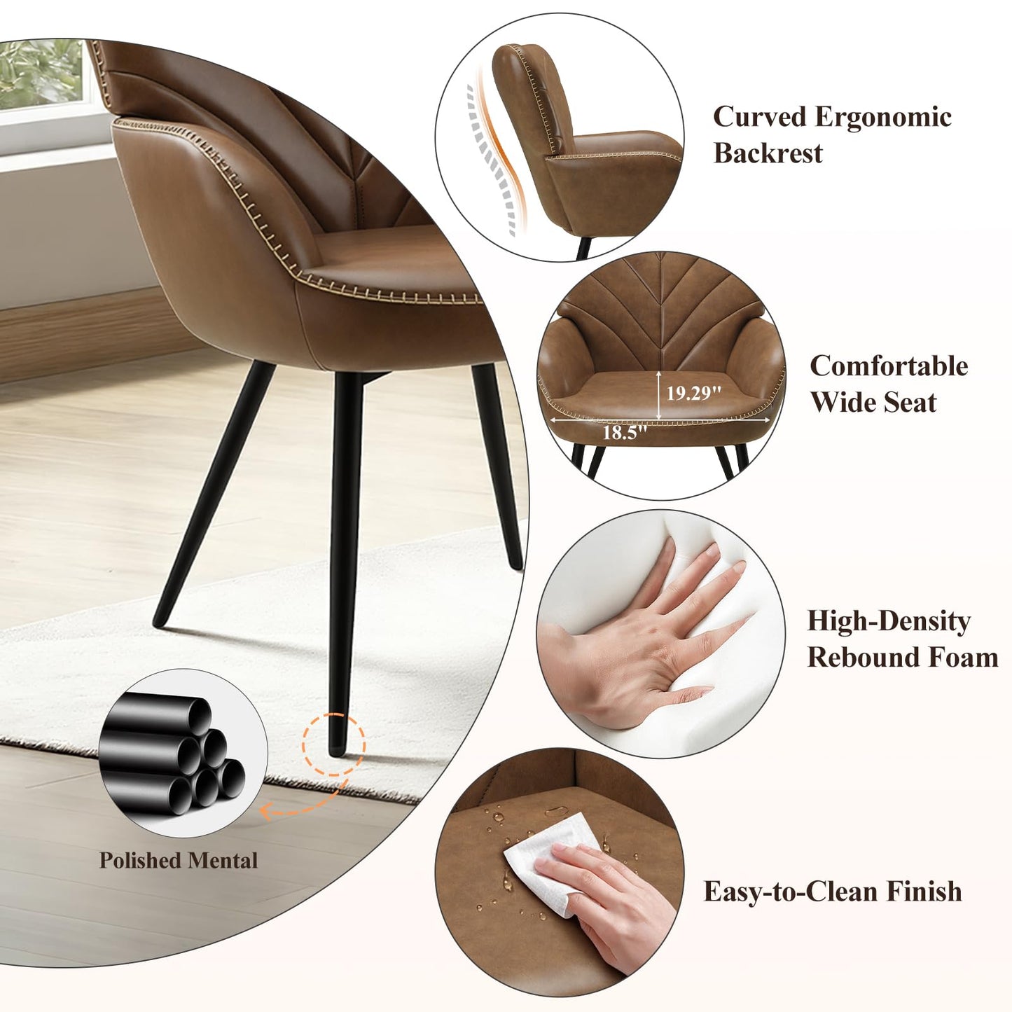 MALOL Mid-Century Modern Faux Leather Accent Chair for Living Room, Upholstered Armchair with Curved Back, High-Density Cushion & Metal Legs, Lounge Chair for Bedroom/Reading Corner,Set of 2