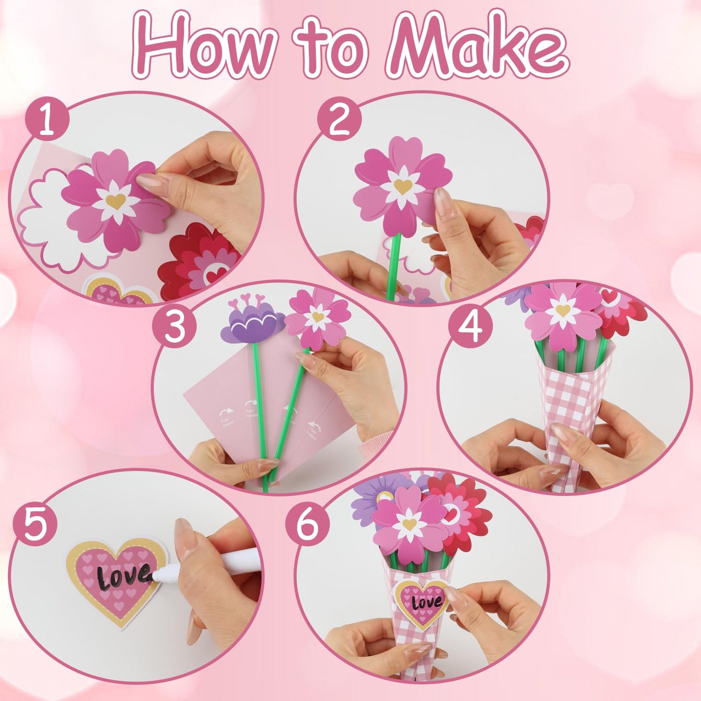 Nlicrst 24 Pcs Valentine Flower Craft Valentine's Day Paper Crafts Make Your Own Flower Bouquets for Valentine's Day Home Fun DIY, Perfect Handmade Valentine Gift (6 Styles)