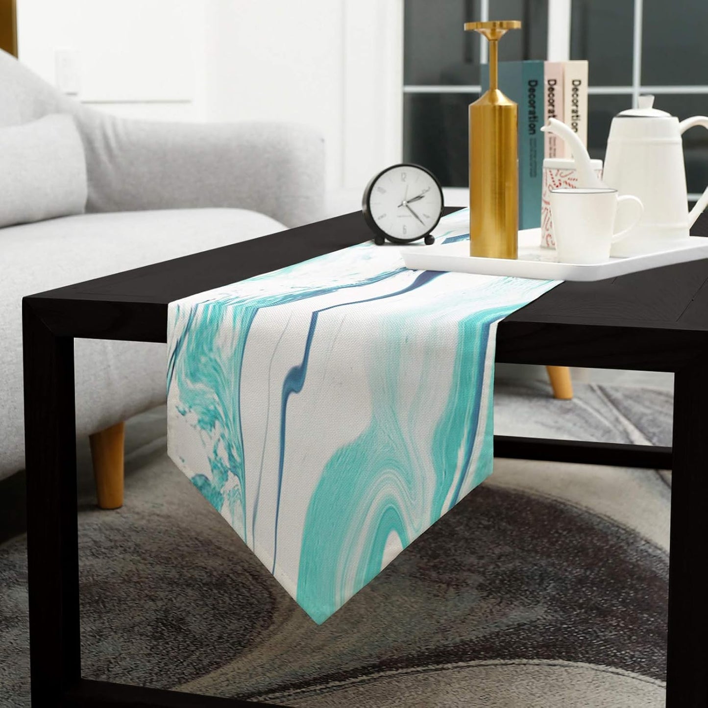 Cotton and Linen Triangle Table Runners, 90 Inches Long, Abstract Liquid Modern Turquoise Print for Table Decoration