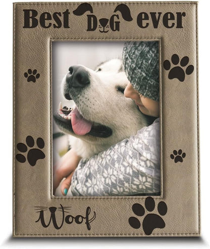 BELLA BUSTA - Best Dog Ever - Engraved Leather Picture Frame, Christmas, Birthday Keepsake for Dog Lover, 5x7 Vertical