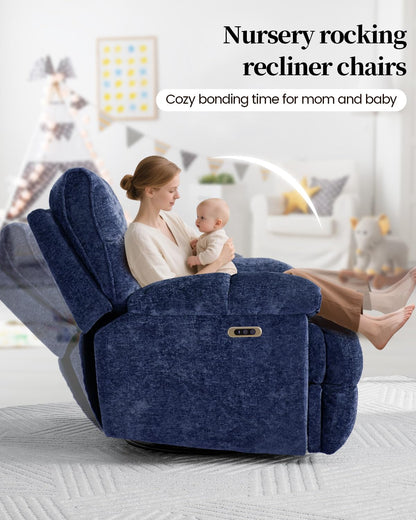 GARTMILAN Oversized Power Swivel Rocker Recliner Chair for Big and Tall, Electric Chenille Glider with USB Ports, Extra Wide Overstuffed Reclining Sofa for Living Room Nursery, 375lbs (Blue, Power)