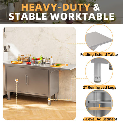 JFHID Stainless Steel Work Table, 57"x19.7" Commercial Worktable Kitchen Cabinets with Extend Panel & Adjustable Shelf, Heavy-Duty Kitchen Prep Table Workbench for Home, Restaurant, Garage and Hotel