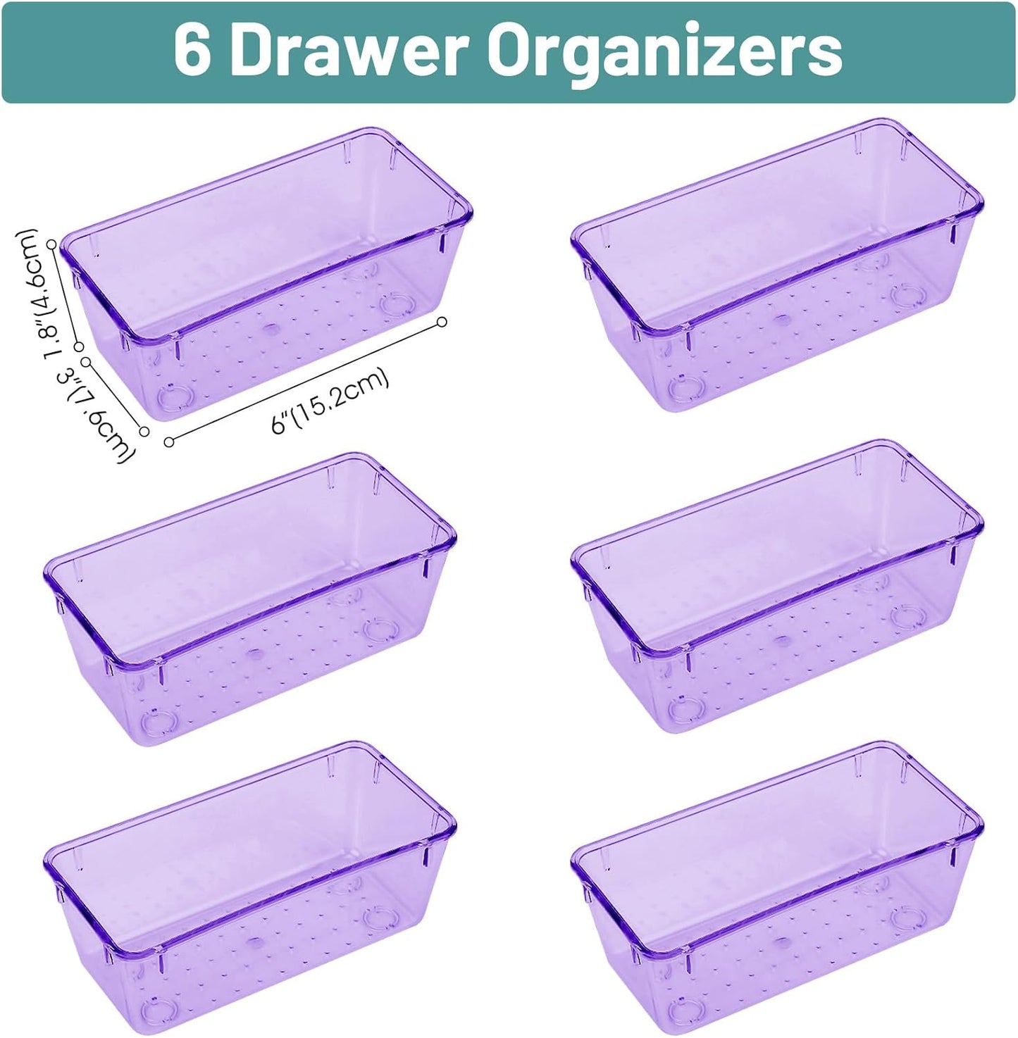 WOWBOX 6 PCS Plastic Drawer Organizer Set for Makeup, Jewelry, and Gadgets in Kitchen, Bedroom, Bathroom (Purple)